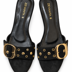 Black buckle mules with gold-tone eyelets on a white background