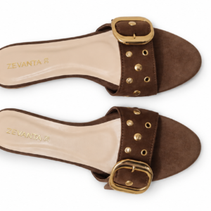 Brown Buckle Wedge Mules